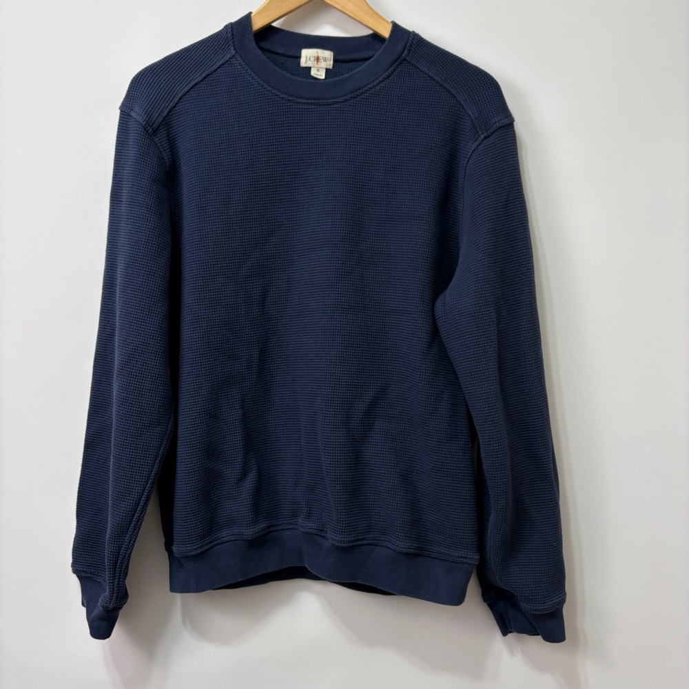 J Crew Jacquard Waffle Knit Crewneck Blue Cotton‎ Thermal Sweater Size Small